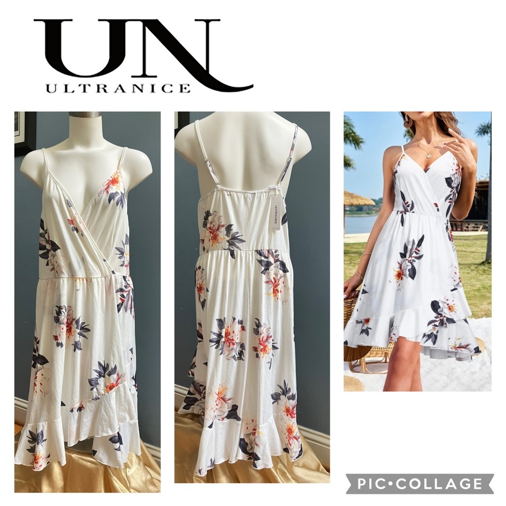 Ultranice ☀️👗⛱️🌺 White Floral High Low Sundress with Ruffled Wrap Design L NEW